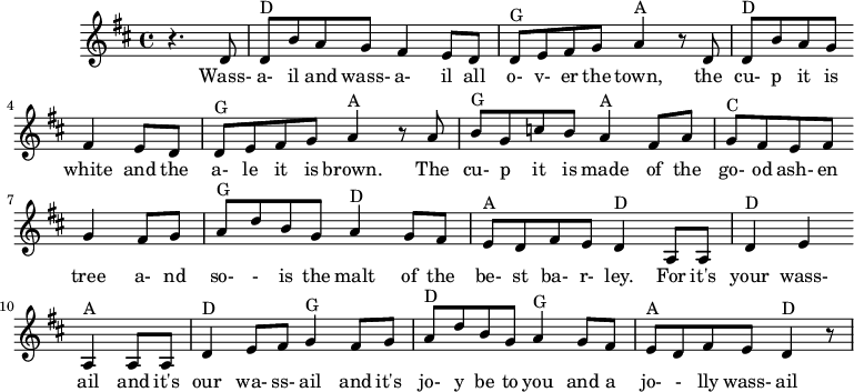 X: 1
M: 4/4
L: 1/8
K:Dmaj
z3D|"D"DBAG F2 ED|"G"DEFG "A"A2zD|"D"DBAG F2ED|"G"DEFG"A"A2zA|
w:Wass- a- il and wass- a- il all o- v- er the town, the cu- p it is white and the a- le it is brown. The
"G"BG=cB "A"A2FA|"C"GFEFG2FG|"G"AdBG"D"A2GF|"A"EDFE"D"D2A,A,|
w:cu- p it is made of the go- od ash- en tree a- nd so- - is the malt of the be- st ba- r- ley. For it's
"D"D2E2"A"A,2A,A,|"D"D2EF"G"G2FG|"D"AdBG"G"A2GF|"A"EDFE"D"D2z|
w:your wass- ail and it's our wa- ss- ail and it's jo- y be to you and a jo- - lly wass-ail